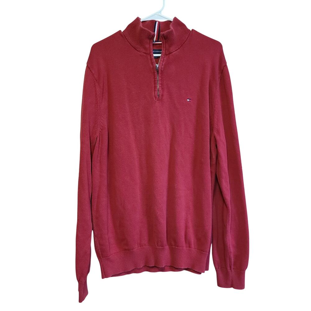 Tommy Hilfiger Quarter Zip Sweater Mens XL Red Flag Logo Mock Neck Preppy Winter